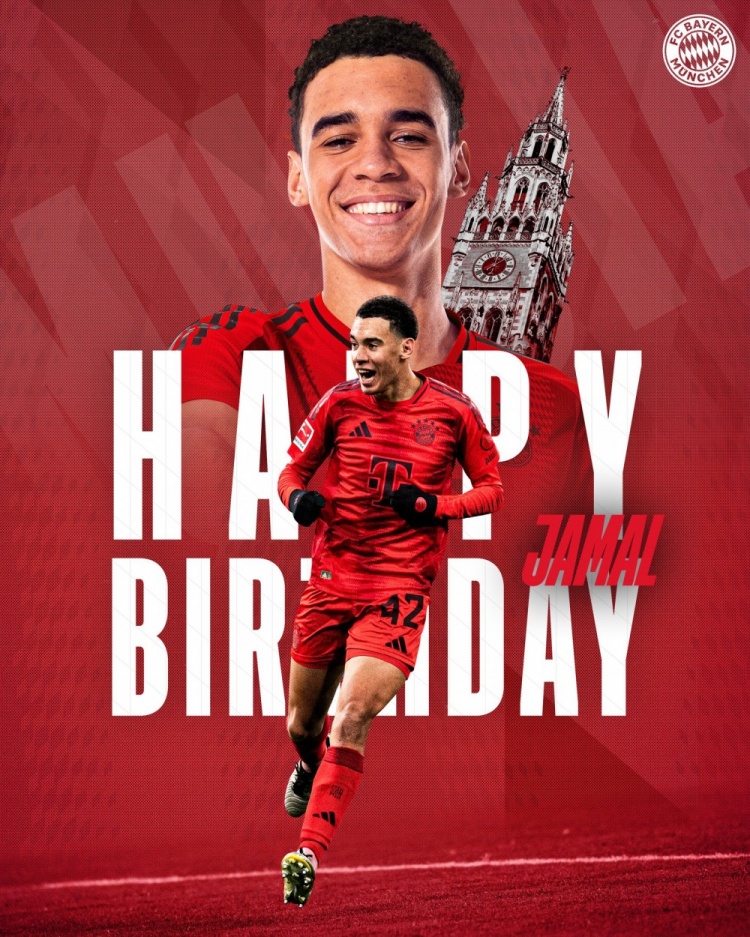 拜仁官方祝穆西亞拉22歲生日快樂，加盟至今出戰(zhàn)196次獲59球38助